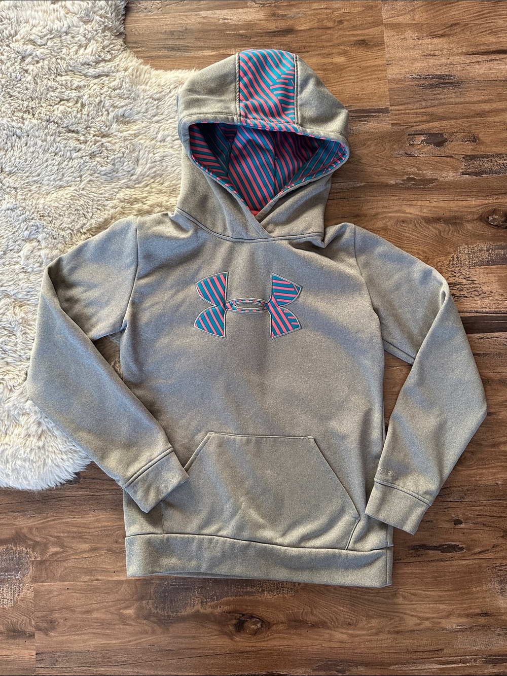 Under Armour Gray Hoodie with Pink & Blue Logo and Lined Hood